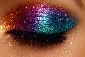 Vibrant Rainbow Glitter Eyeshadow on Closed Eye with Dramatic Makeup