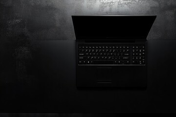 Minimalist black laptop on textured dark surface, screen ajar, c