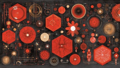 Abstract graphic with red shapes, dark background