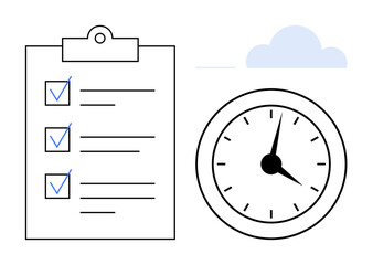 Checklist with completed tasks and clock highlighting time focus. Ideal for productivity, organization, time management, task planning, efficiency, goal tracking, workflow improvement. Simple flat