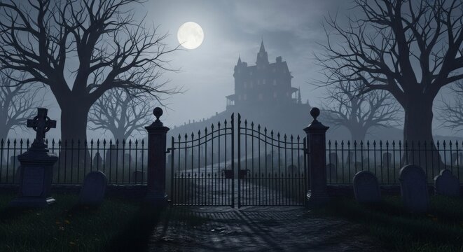 Halloween day, a spooky haunted mansion looms behind a dark, wroughtiron gate in a foggy graveyard under a full moon