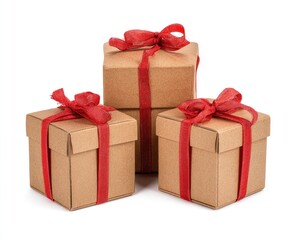 Obraz premium Three small, kraft paper gift boxes, tied with red ribbon