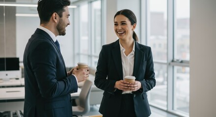 Smiling Business Colleagues Chatting Holding Coffee Cups in Office.