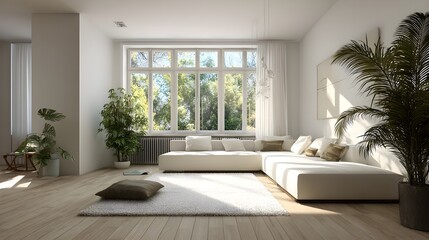 Fototapeta premium Modern Living Room Minimalist Gypsum Mid-Century Minimal Austrian Style Sunny Weather Vibrant Accents Crisp Details Radiant Lighting Elegant Design Luxurious Ambiance (AI-Generated)