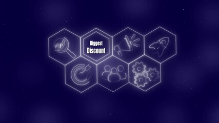 Neon Hexagons With Business Icons And Biggest Discount Text On Starry Night Sky Background offer promotion . 4k video