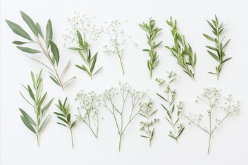 Naklejka premium Overhead Arrangement of Greenery and Delicate White Flowers on W