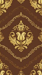 Ornate gold damask pattern on brown background