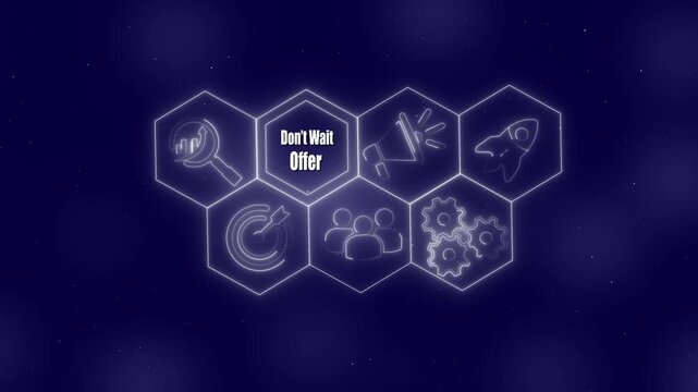 Don't Wait Offer Business Concept with Icons in Hexagons on Starry Night Background sale promotion . 4k video