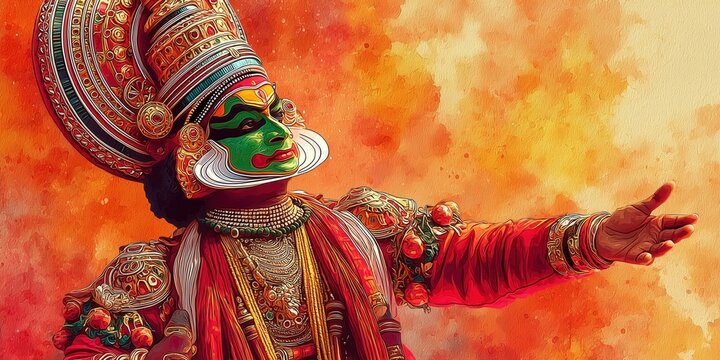 Watercolor illustration celebrating onam festival with a kathakali dancer