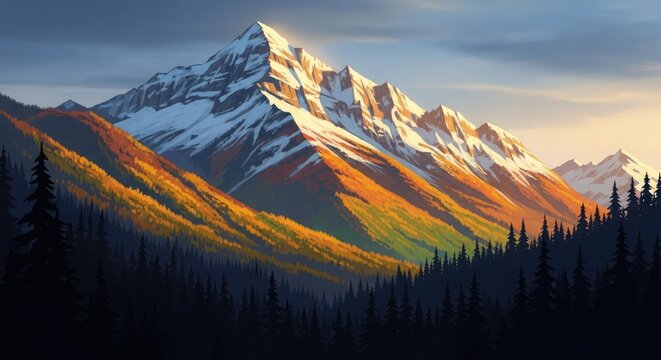 Majestic snow capped mountain range at sunset with autumn foliage - Powered by Adobe