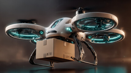 Delivery drone with the cardboard box.3D illustration