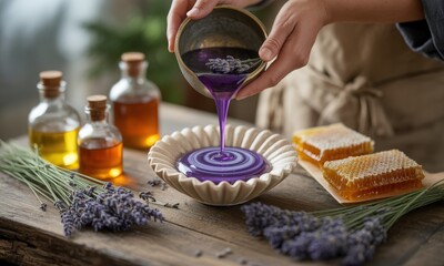 Fototapeta premium Person Pouring Purple Lavender Soap Mixture in Ceramic Dish in Natural Setting