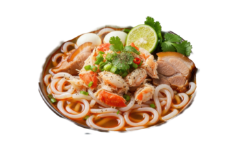 A steaming bowl of authentic Vietnamese Banh Canh Cua, with large tapioca noodles, fresh crab, pork hock, quail eggs, rich orange-red broth, garnished on a gray background, mouthwatering authentic