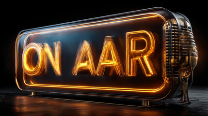 ON AIR sign made from neon alphabet on a black background. 3D illustration