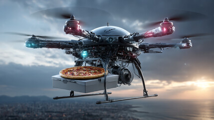 Delivery drone with pizza box. 3D illustration