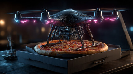 Delivery drone with pizza box. 3D illustration
