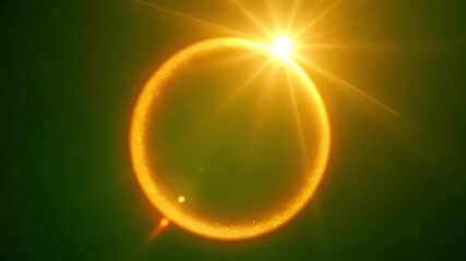 Radiant golden sun flares create a dazzling celestial ring effect with bright starbursts against a deep green backdrop. - Powered by Adobe