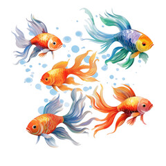 Watercolor illustration of goldfish group