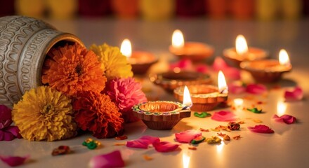 Diwali festival celebration with traditional oil lamps and marigold flowers, symbolizing light, hope, and prosperity