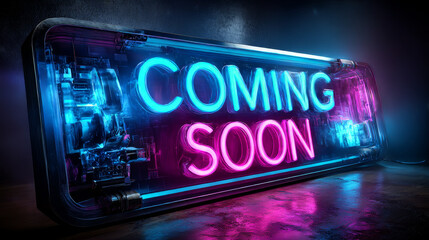 COMING SOON neon sign on dark background. 3D illustration