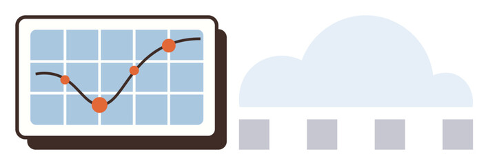 Chart with upward trendline and data points on screen next to cloud. Ideal for data analysis, cloud computing, performance tracking, business growth, technology, innovation, simple flat metaphor