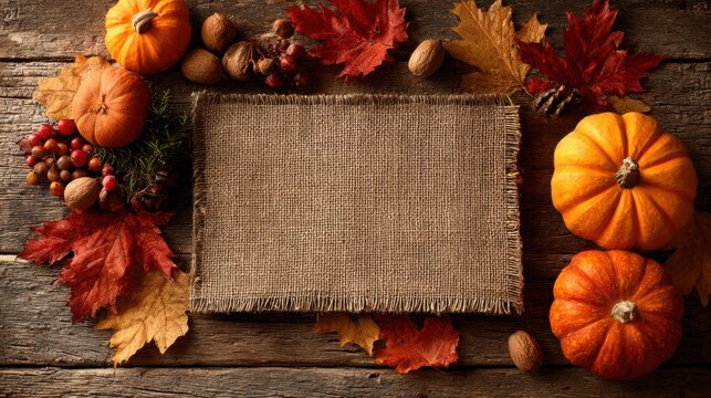 Inviting Autumn Harvest Scene with Blank Burlap Banner Framed by Vibrant Pumpkins Inspiring Joy and Seasonal Gratitude - Powered by Adobe