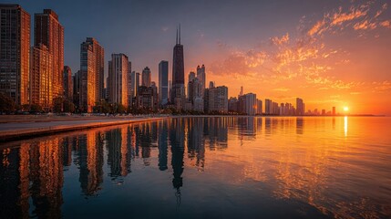 Fototapeta premium Captivating Chicago Skyline Silhouetted Against a Sunset with Tall Buildings Forming a Dramatic Horizon Signifying Urban Sophistication