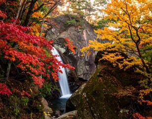 Autumn waterfall cascading through colorful foliage