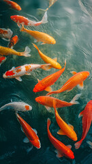A vibrant school of koi fish swimming gracefully in clear water.