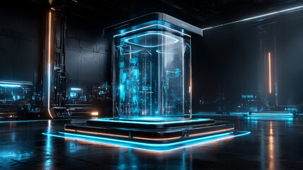 Abstract black background, Futuristic pedestal for product presentation, Blank product stand, Futuristic Sci-Fi Background. 3D illustration