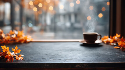 Cozy autumn scene with a steaming cup of coffee on a dark wooden table by a window with blurred fall foliage and warm bokeh lights