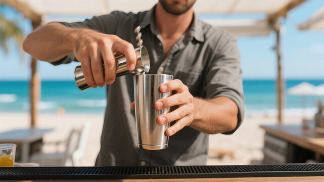 A close-up, faceless shot of a bartender's hands skillfully shaking a metal cocktail shaker with flair, against the blurred background of a tropical beach bar