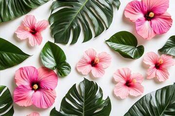 Fototapeta premium Pink Hibiscus and Monstera Leaf Flatlay Composition