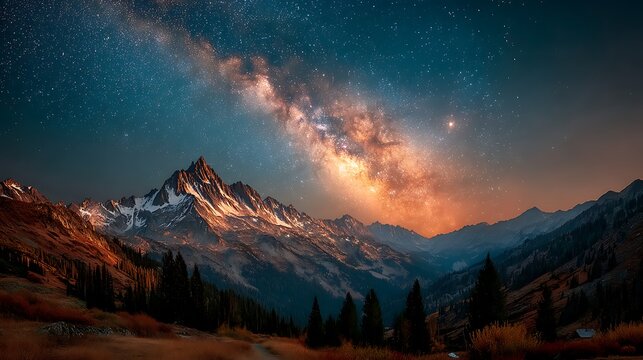 Breathtaking galaxy arch over snowy mountain view high resolution picture