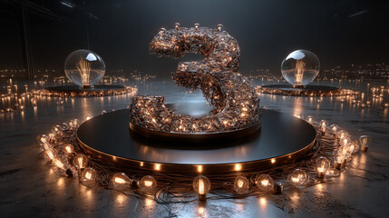 Number 3, Alphabet  made of light bulb. 3D illustration