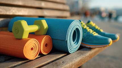 Modern Fitness Equipment Collection Featuring Yoga Mat and Dumbbells for Effective Home Workouts and Promoting Healthy Lifestyles