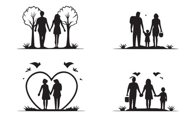 Friendship Silhouette Icons and Happy Friendship Day Vector Illustrations