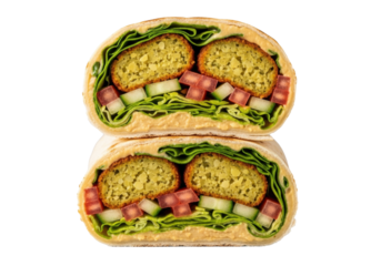 Freshly cut falafel wrap, crispy falafel, creamy hummus, vibrant salad, toasted pita, isolated on clean gray background, shallow depth of field, high-end food photography concept