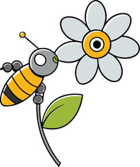 robotic bee pollinating a metallic flower on transparent background