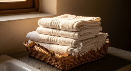 Stacked terrycloth towels with textured bands in a woven wicker basket bathed in warm light