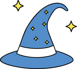 wizard hat with stars and sparkles flying out on transparent background