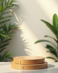 Natural bamboo pedestal with greenery and sunlight shadows