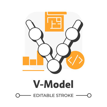 V-model flat outline concept icon. Statistical metrics, analysis. Workflow structure. Programming, coding. Modern line illustration with orange glyphs. Conceptual visual. Easy to edit