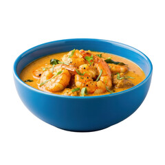 Fototapeta premium A vibrant bowl of Goan prawn curry with plump prawns, rich coconut milk gravy, and fresh herbs in a deep ocean blue ceramic bowl, isolated on transparent, appetizing culinary presentation