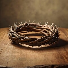 Fototapeta premium Crown of thorns placed gently on a wooden table, dramatic soft lighting, high-detail texture, minimal and elegant composition, isolated,Generative Ai 