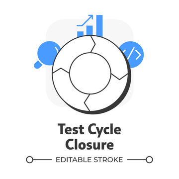 Test cycle closure flat outline concept icon. Negotiation, agreement. Approving, assurance. Data organization. Modern line illustration with blue glyphs. Conceptual visual. Easy to edit