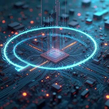 Digital Data moving on Circuit Board and CPU loop backgrounds. Computer Processing and organizing data. Abstract high tech Artificial intelligence (AI), data mining, modern computer technology surface