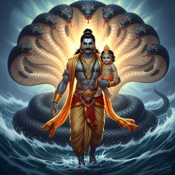 Krishna Janmashtami sacred journey rain-soaked Vasudev carries infant Krishna under serpent canopy