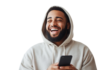 Laughing man in hoodie holds phone. Isolated PNG with transparent background for graphic design, product mockup, branding, or poster.