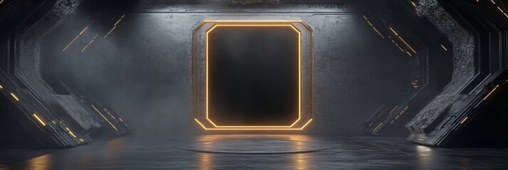 Black background with orange neon lights in a futuristic sci-fi space station interior, with a door frame